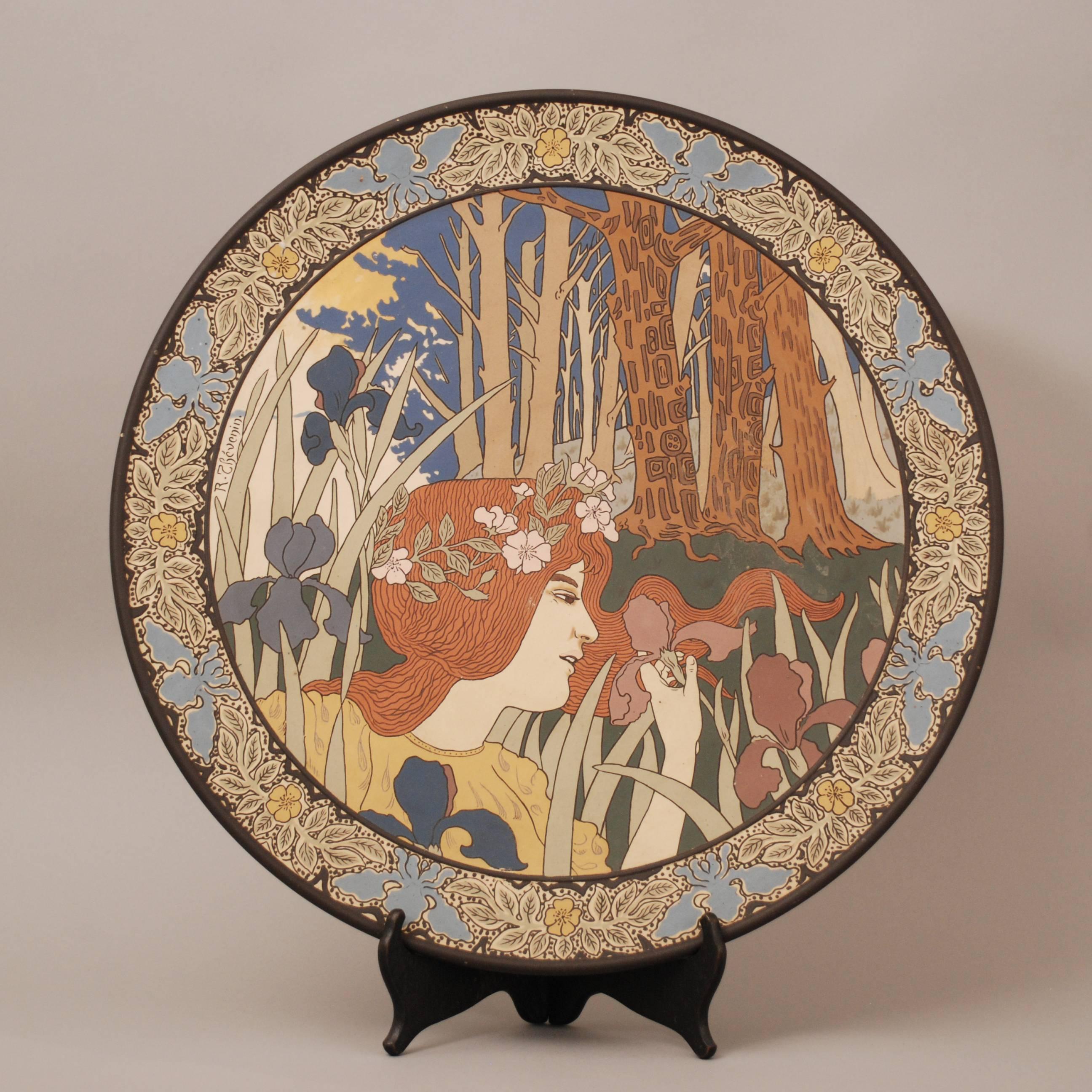 Ceramic plate by Charles René Thevenin for Villeroy & Boch, Mettlach, Germany 1899. Symbolistic/jugendstil decor.