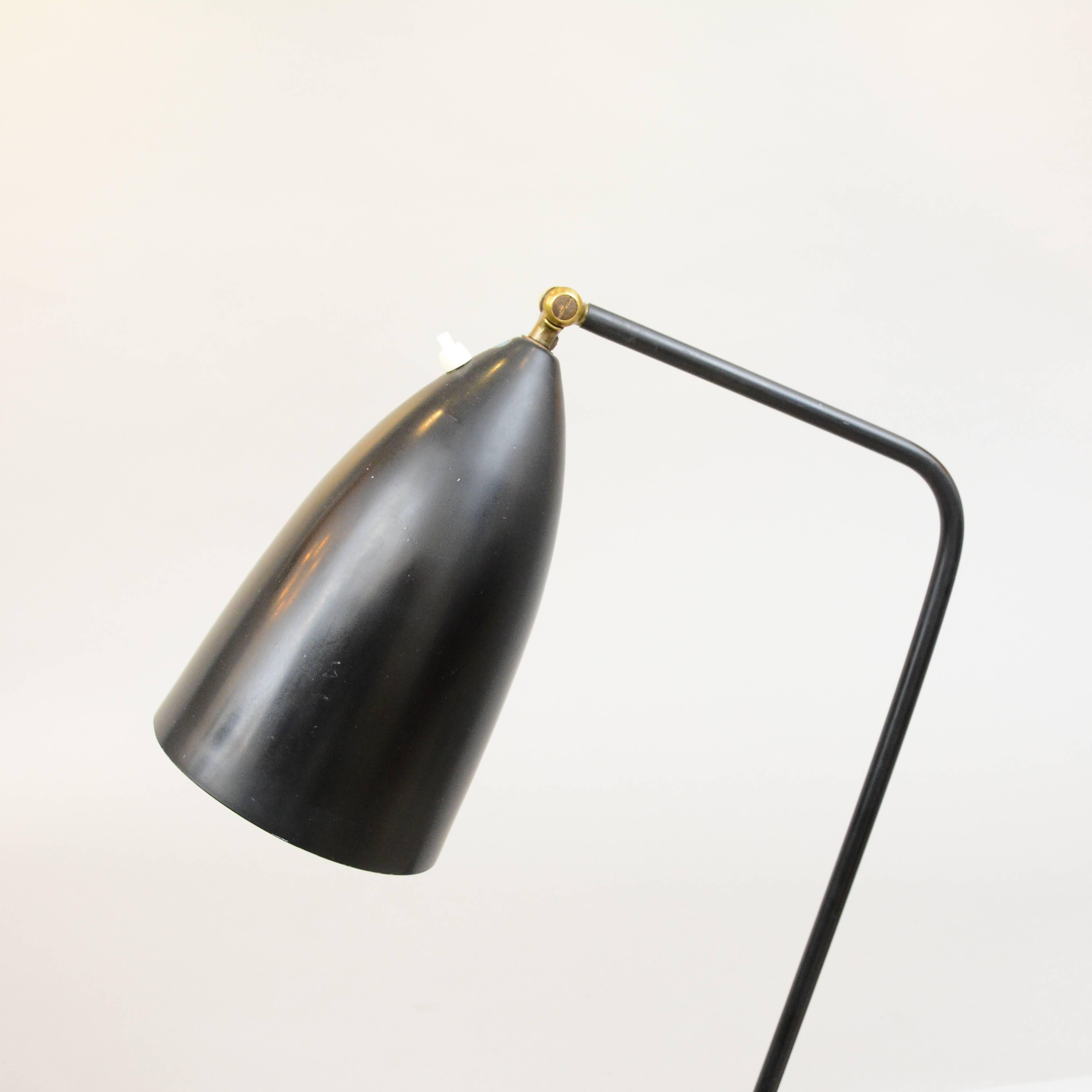 Grasshopper lamp designed by Greta Grossman-Magnusson for Bergboms, Malmo, Sweden. 1940s. Black painted metal and brass details. Swedish gold or blue sticker for approved electronics.