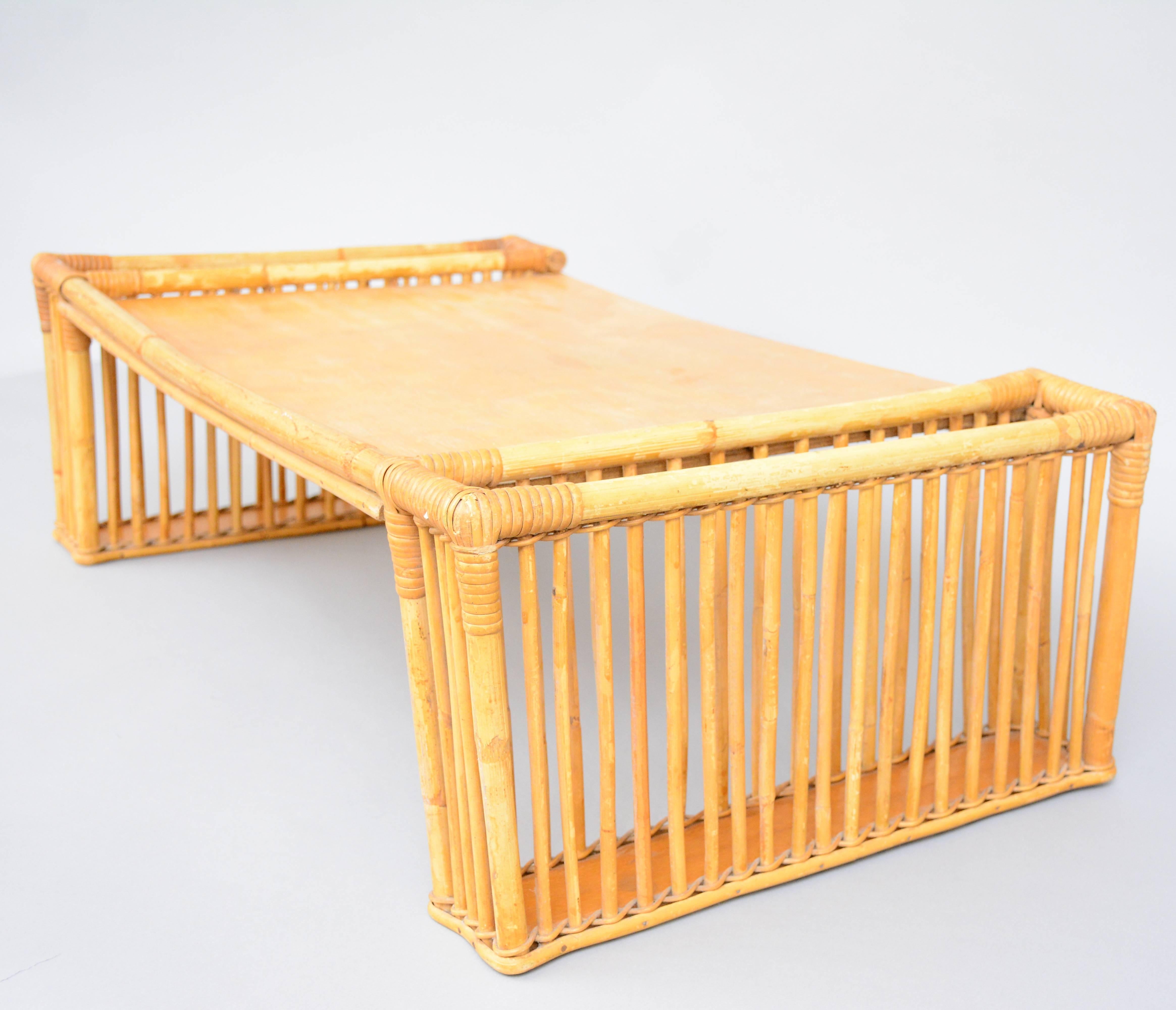 A rattan bed tray by Robert Wengler, Copenhagen, Denmark. Labeled with metal makers mark, 1930s-1940s.