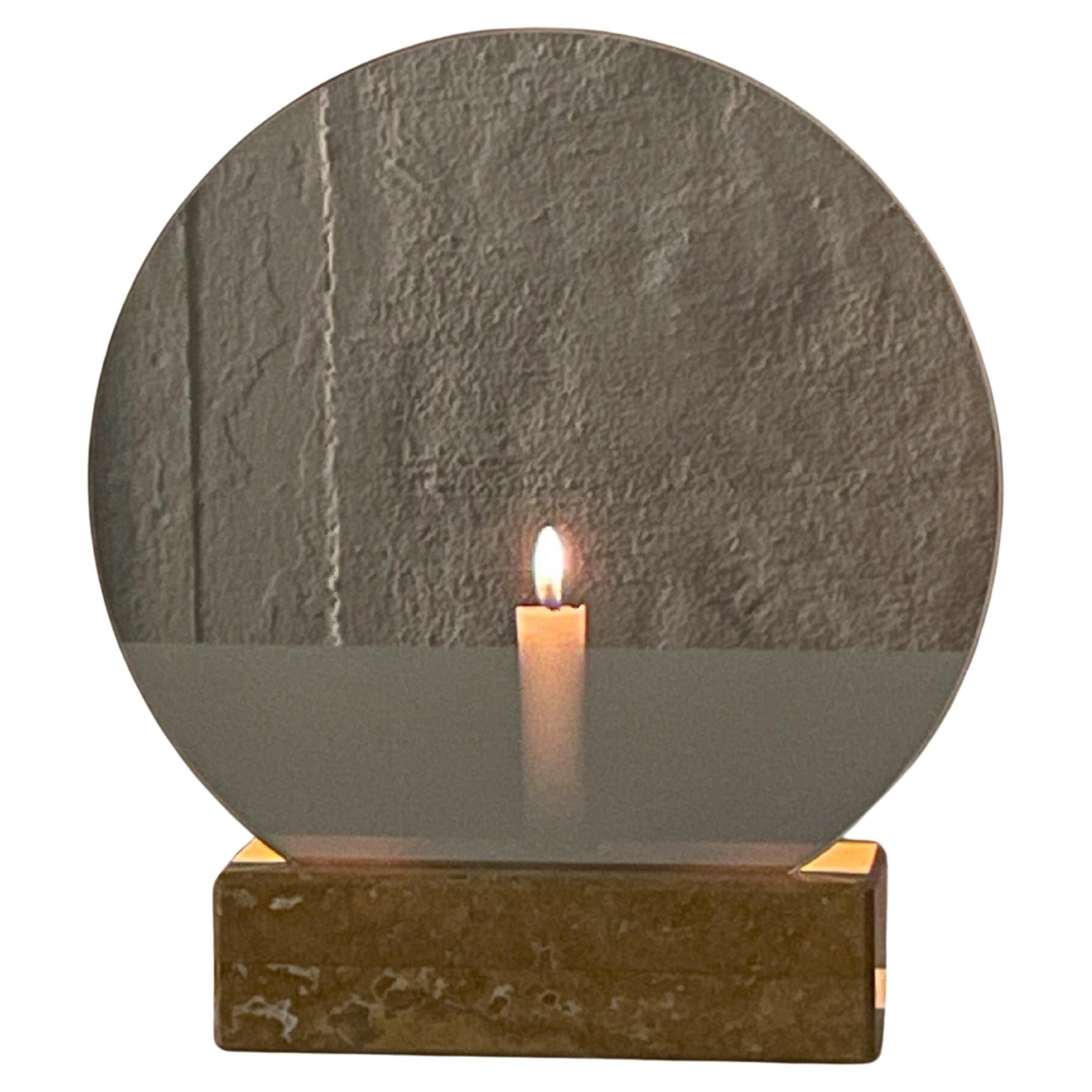 Mirror Candle Holder "Spegla Yellow Travertine" Marble with Half Transp Mirror
