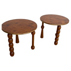 Burl Wood Drink Table with Turned Legs and Brass Bound Top