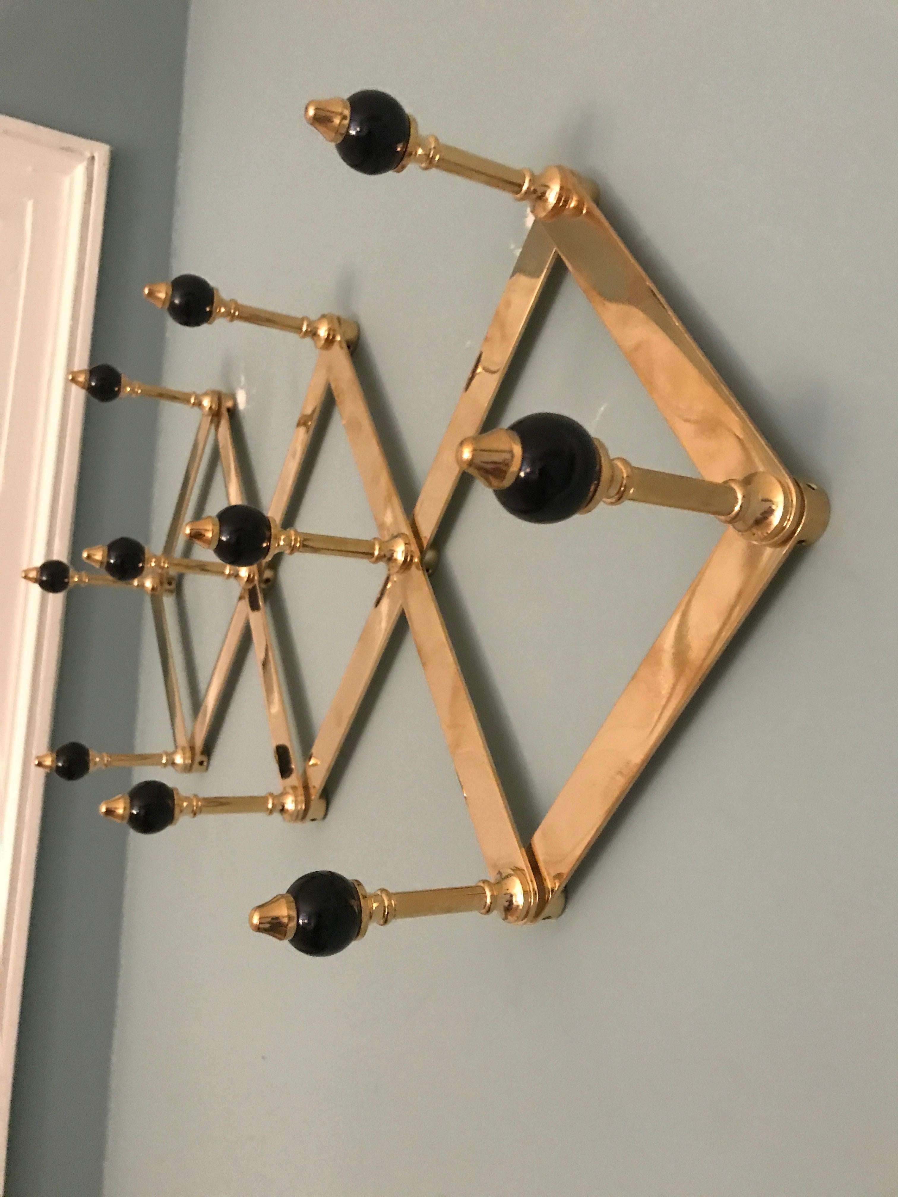 Mid-Century Modern Azucena Coat Hanger in Brass with Lacquered Wooden Knobs