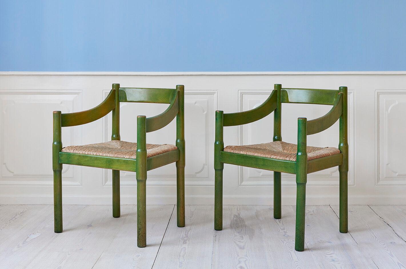Vico Magistretti
Italy, 1959

A set of four Carimate armchairs. Wood with transparent green paint and wicker seat.

Size: H 75 x W 58 x D 45 cm.