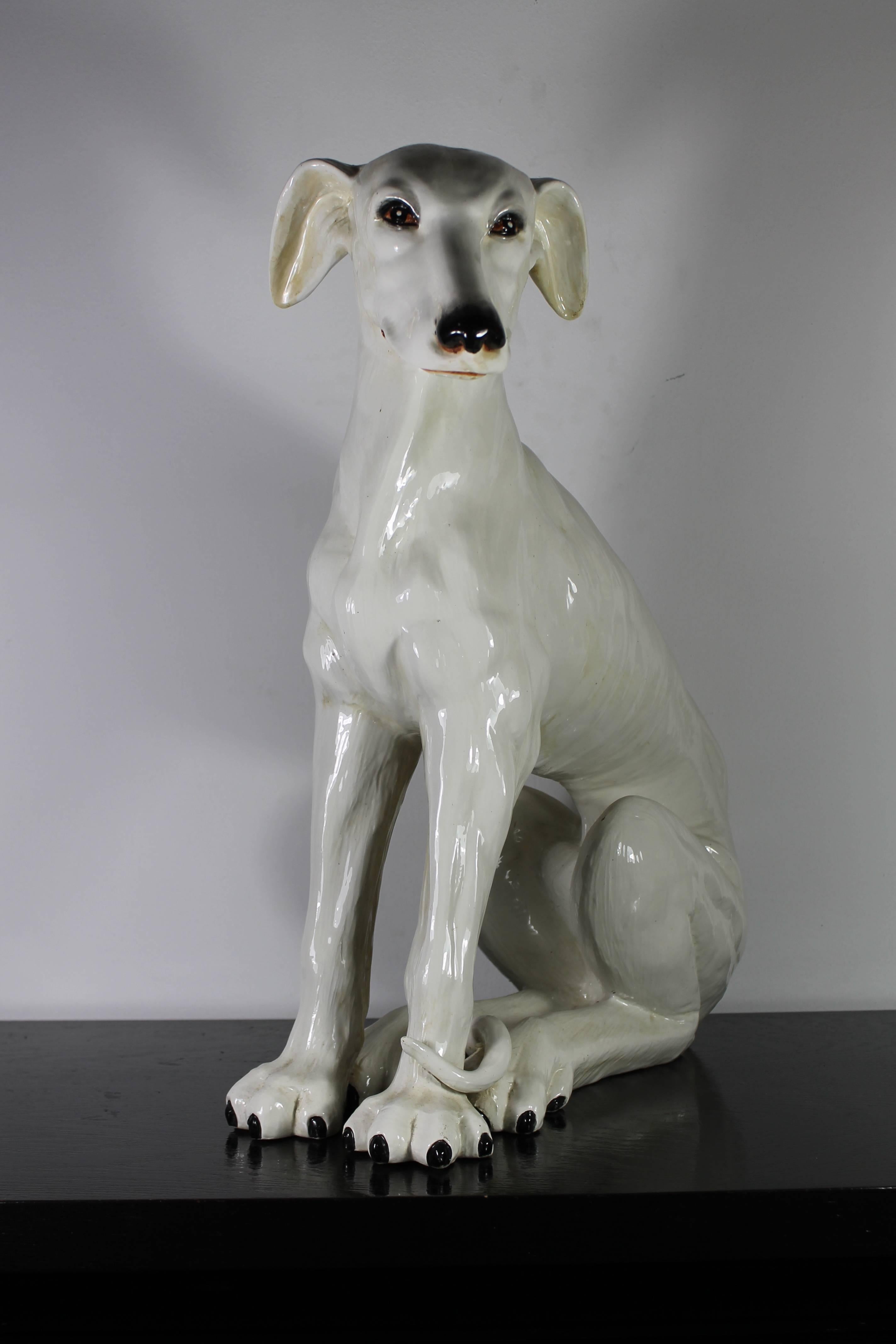 Terra cotta dog from the 1970s, white glazed, Italy.