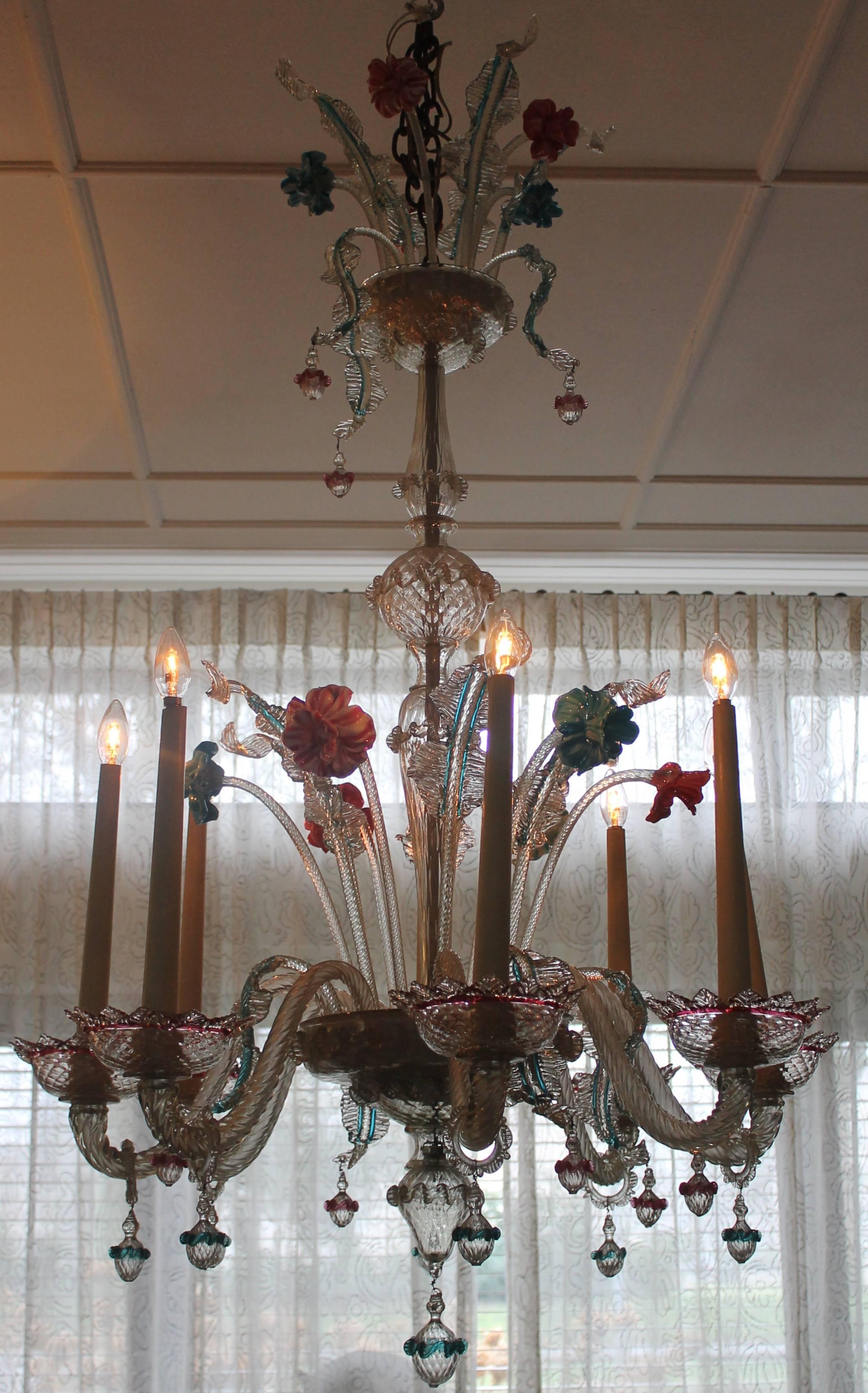 Murano chandelier in white, blue and pink colored glass.