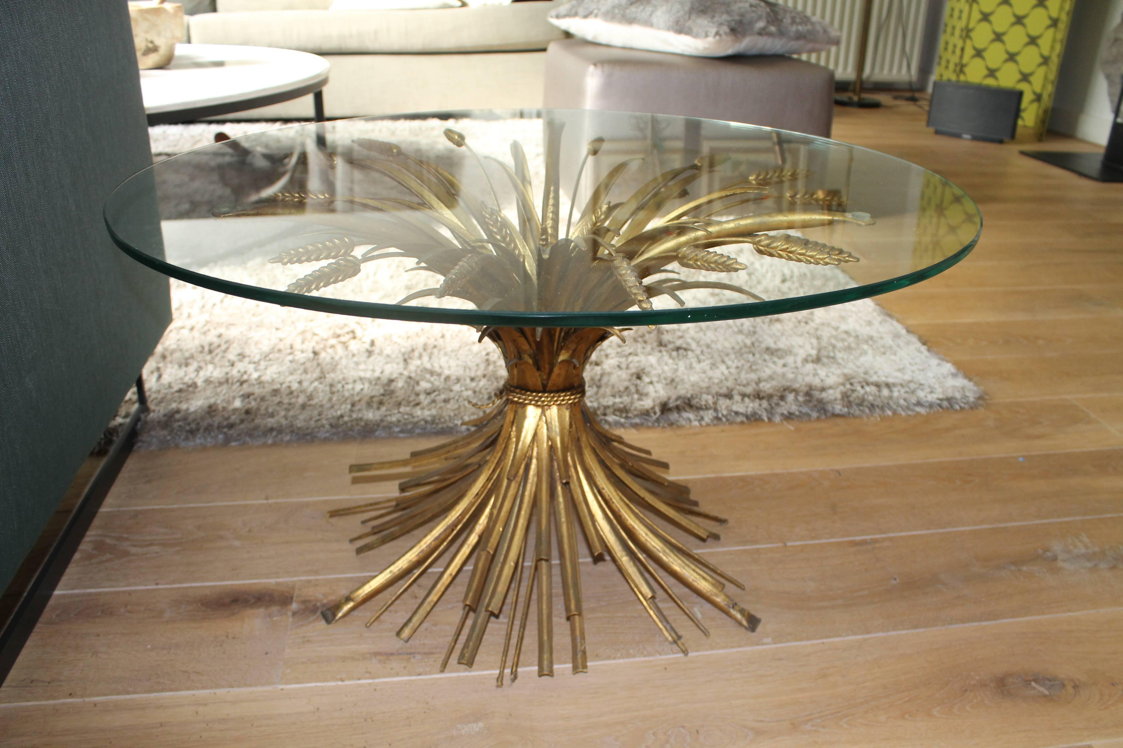 Brass coffee table with wheat leaf, gilded. Also called 