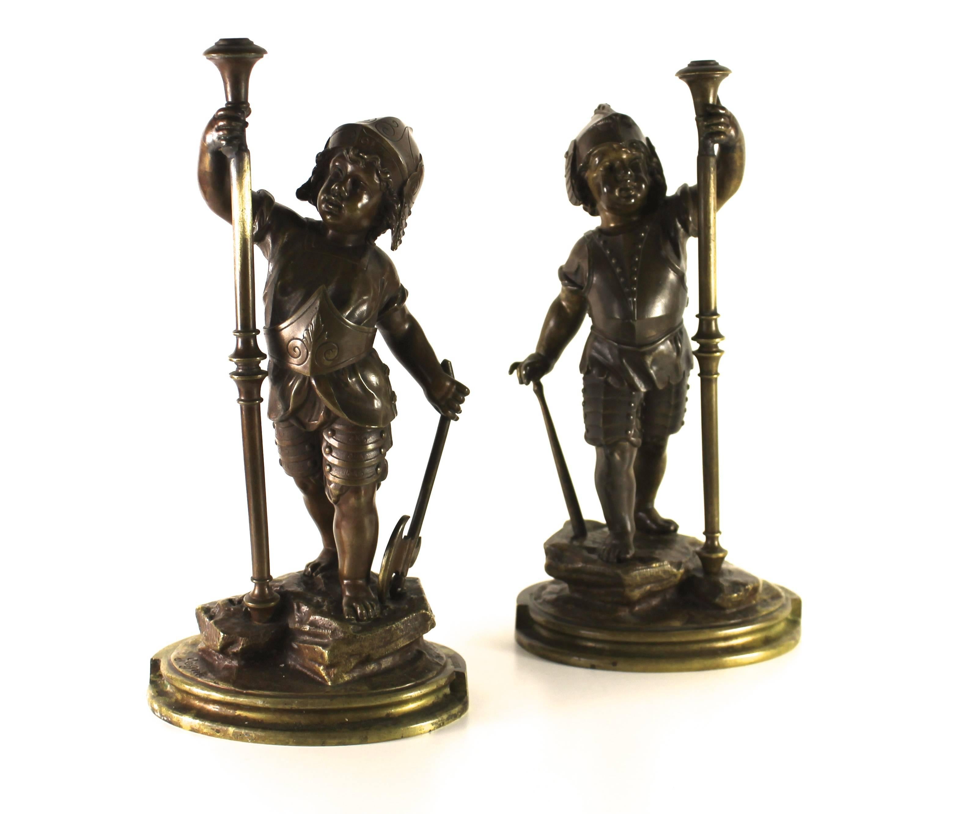 Baroque Pair of Warrior Putti in Bronze, 19th Century For Sale