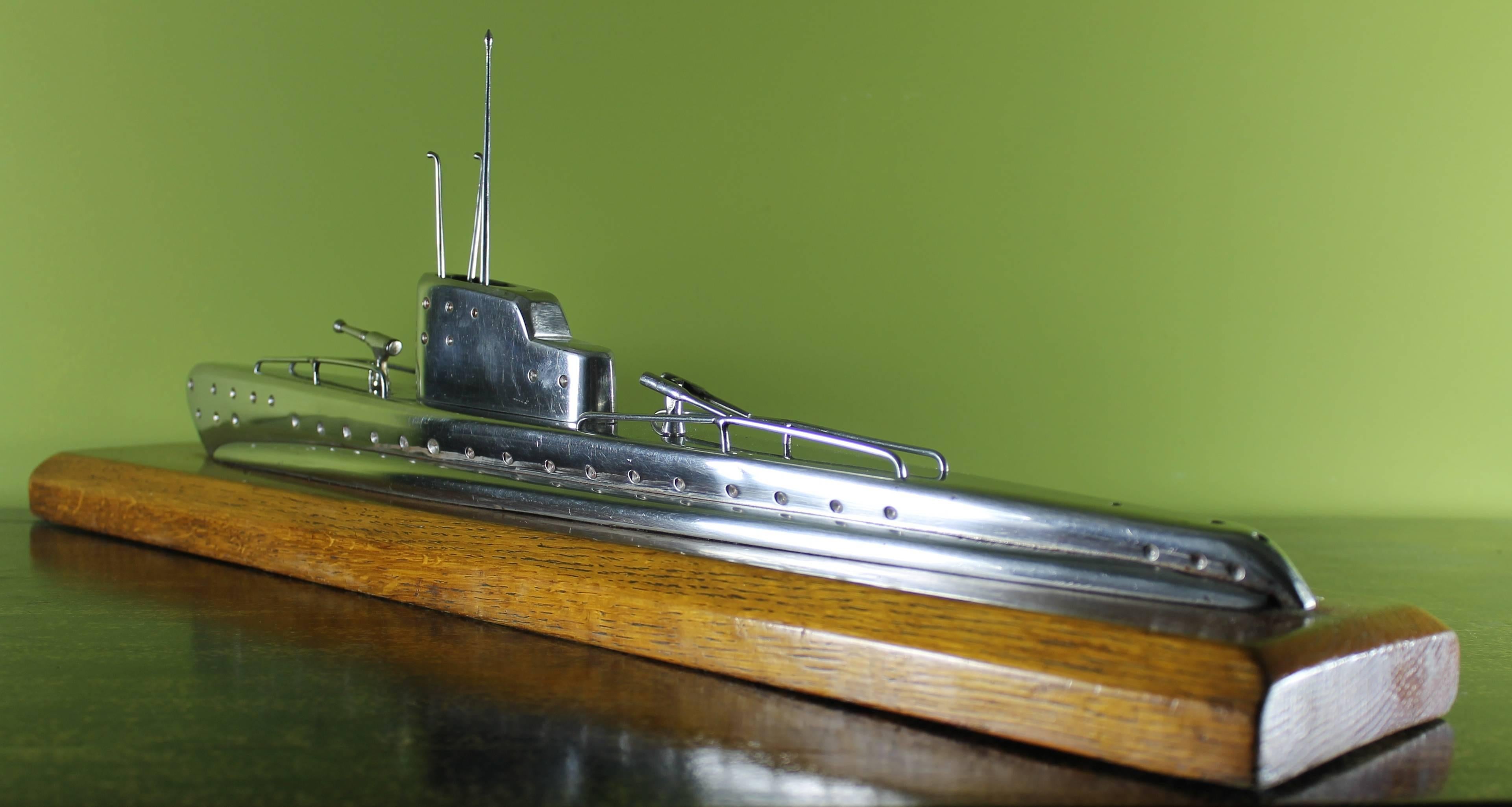 Hand-Carved Submarine in Stainless Steel from the 1940s