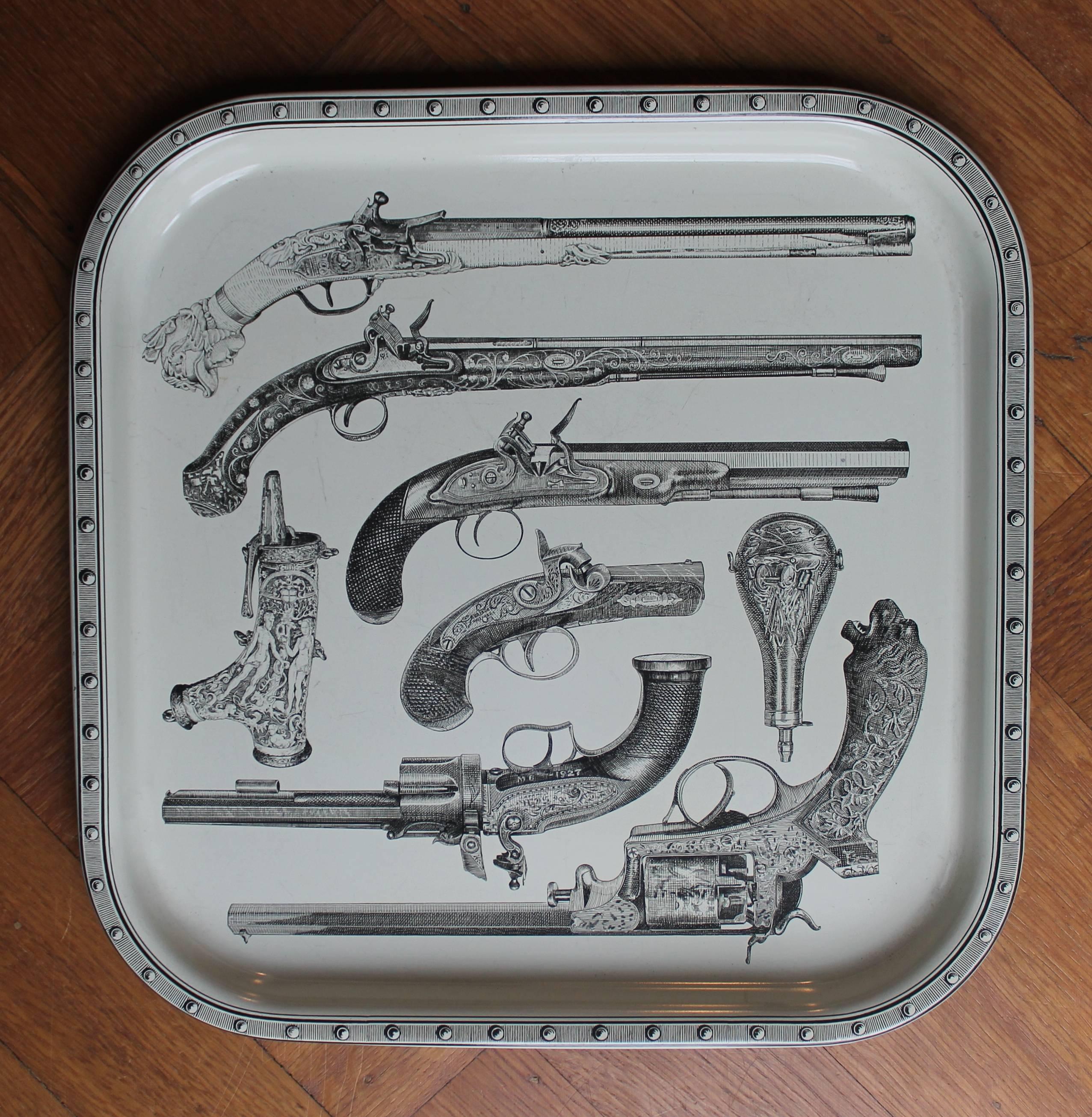 Fornasetti Tray with Guns and a Wood Print on the Back