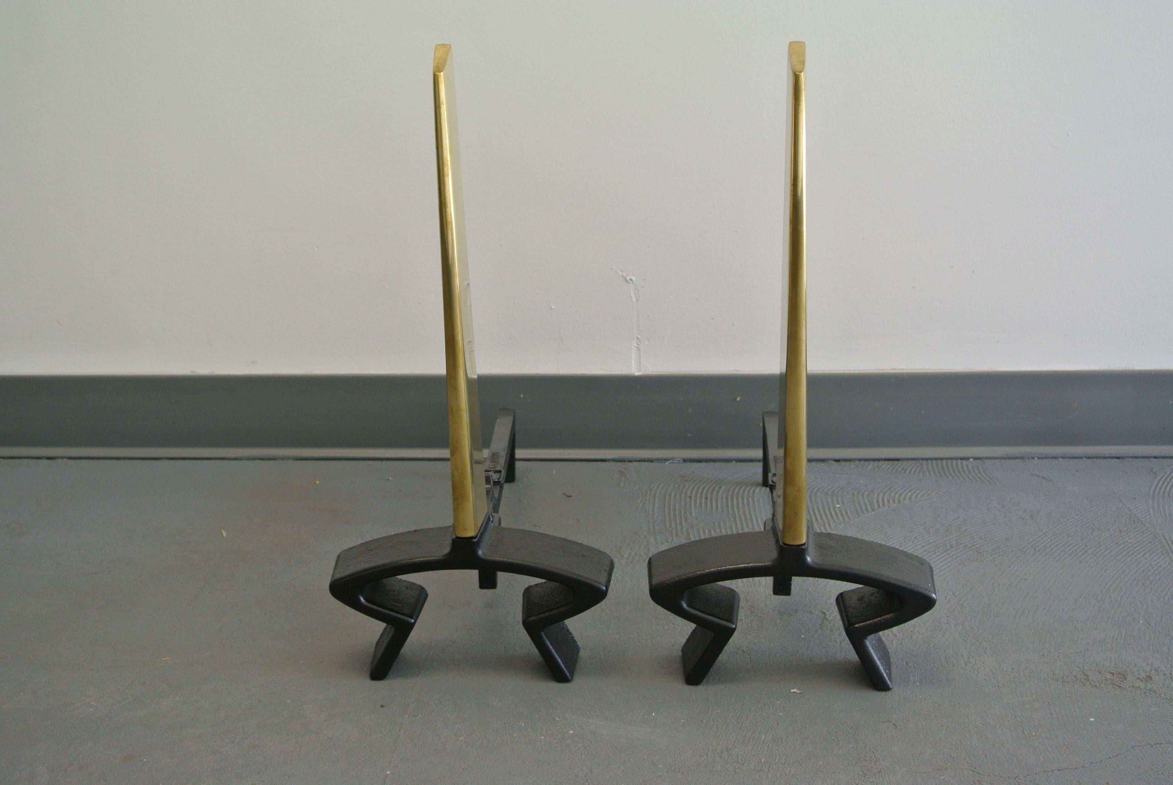 Newly restored pair of brass blade andirons by Donald Deskey for Bennett.
 
