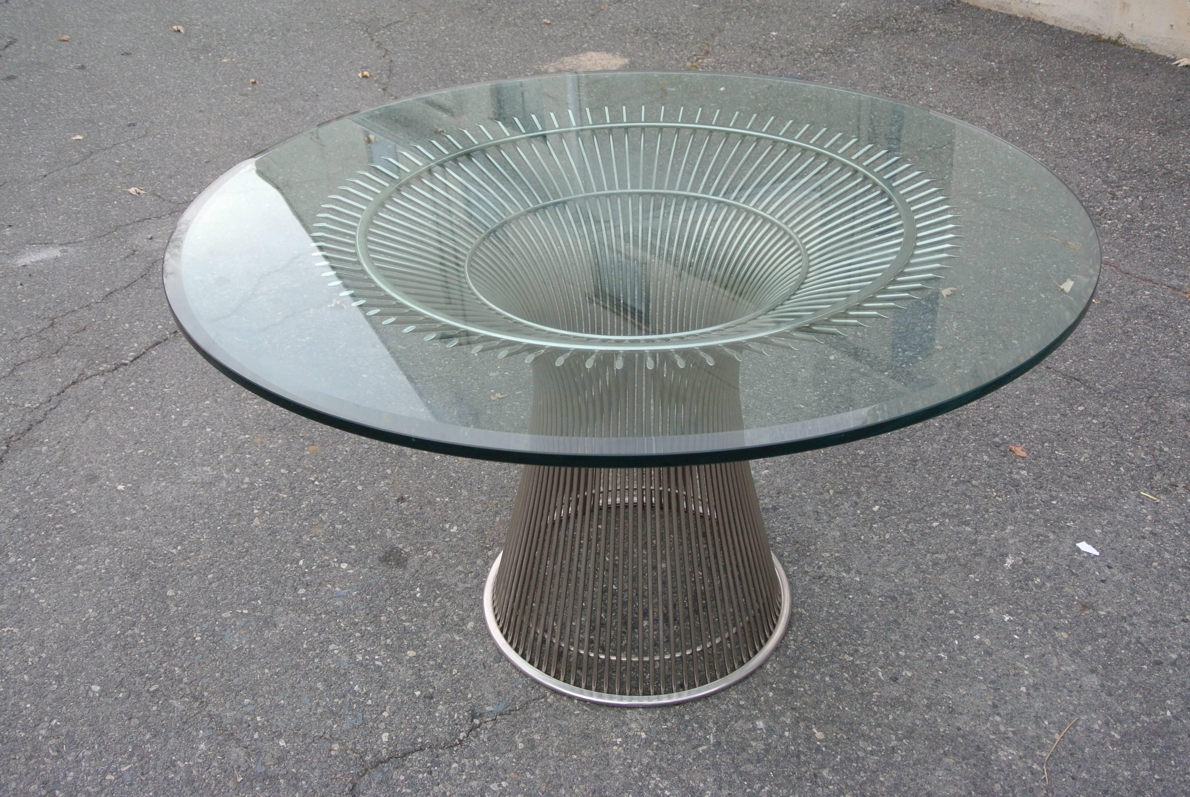Nickel-plated wire dining table by Warren Platner for Knoll.
Custom round glass top w. Beveled edge.
