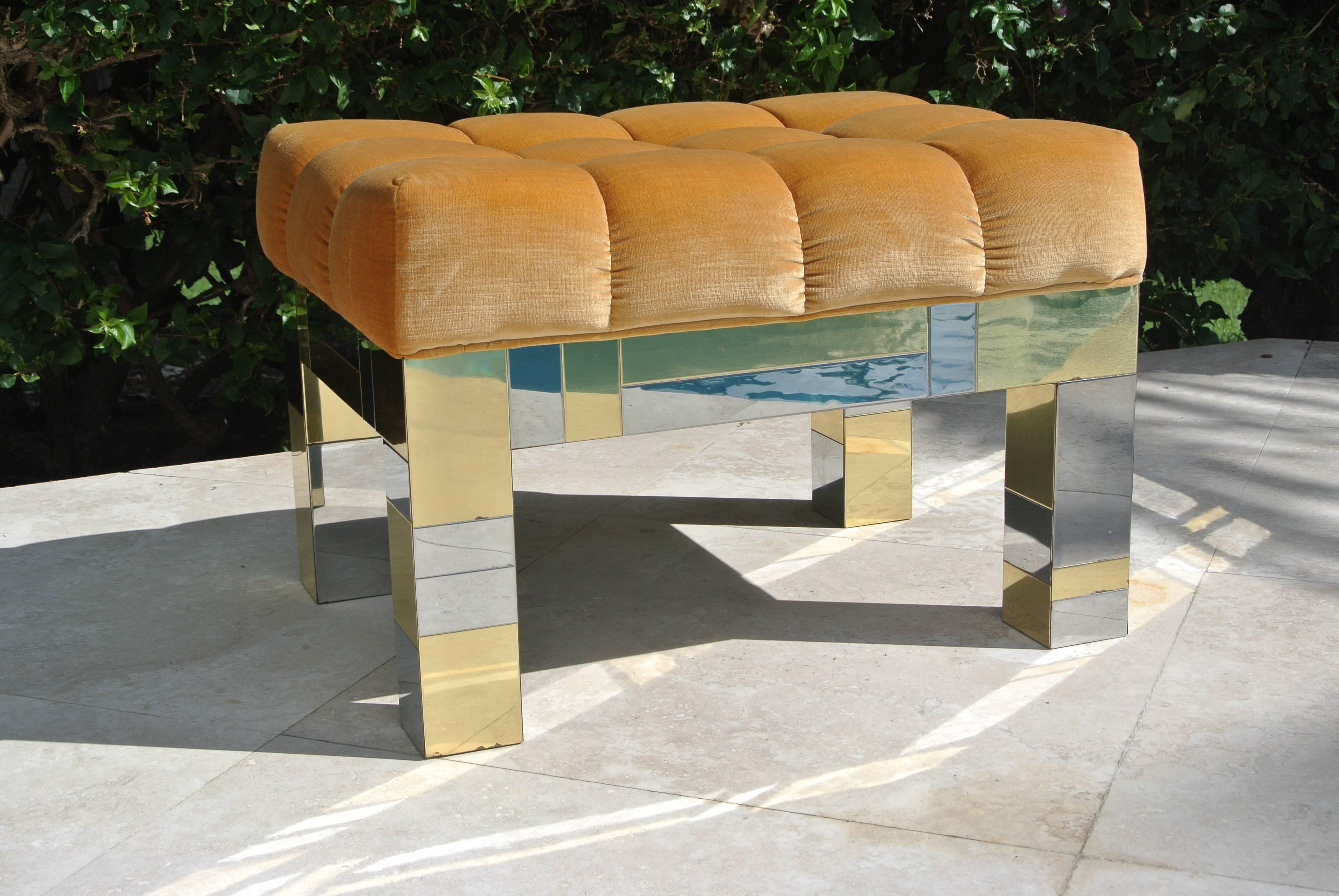 Beautiful Brass & Chrome Cityscape Stool by American Designer Paul Evans. The upholstery is a tufted velvet