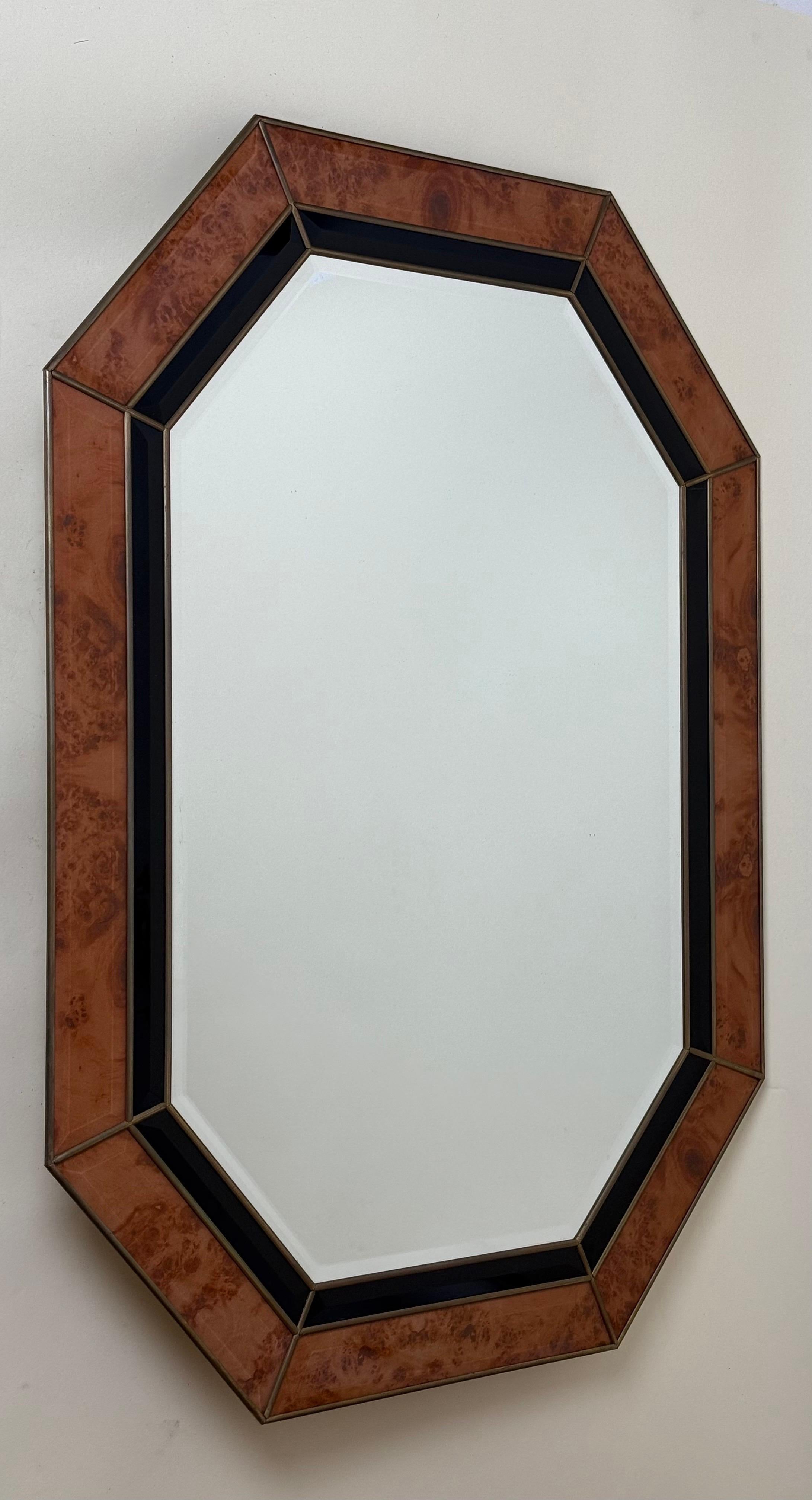 Octagonal Wall Mirror in Burl Wood Look in the Style of Jean Claude Mahey en vente 7