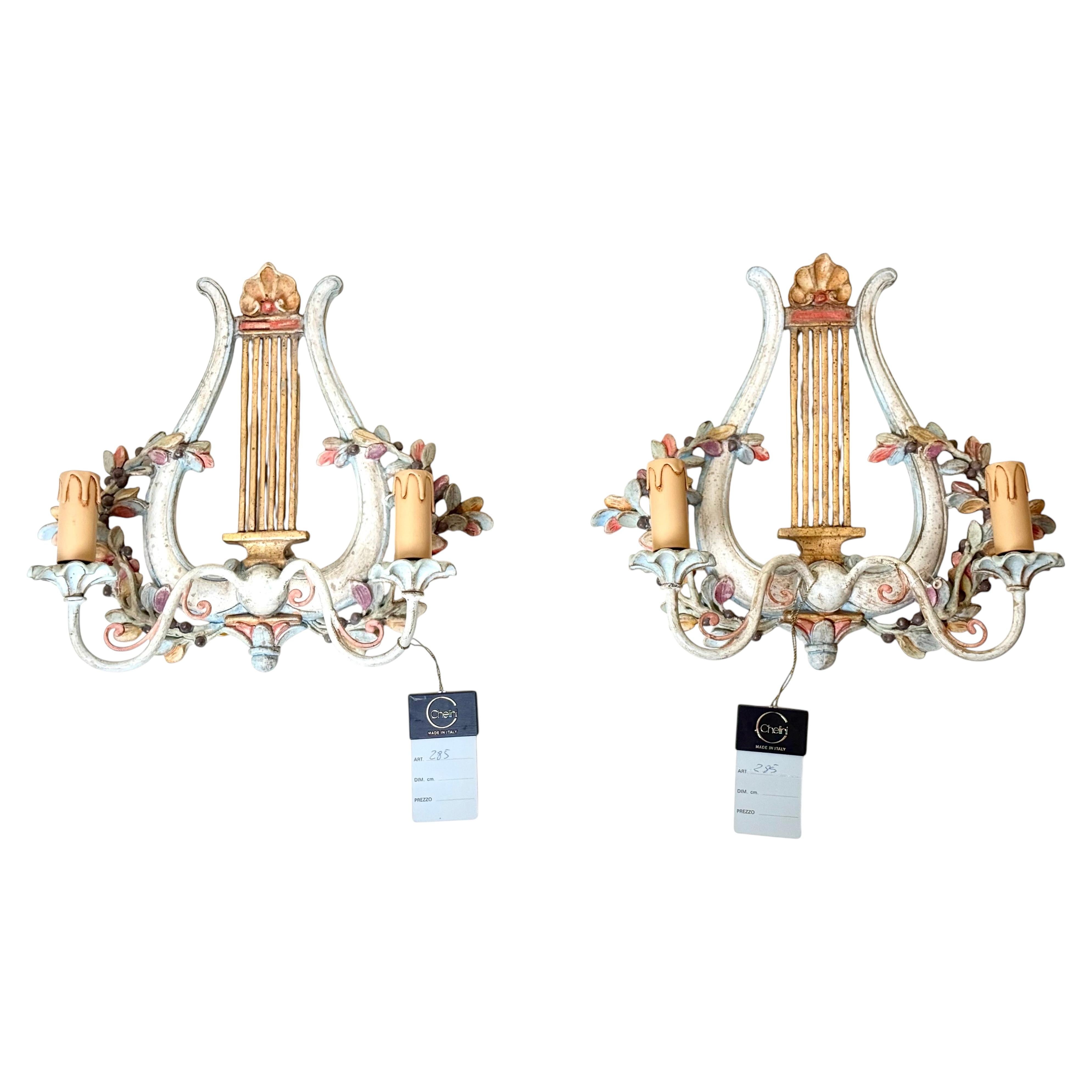 Pair of Hand-Carved Chelini Lyre Wall Sconces, Florence, NOS For Sale