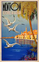 Affiche de voyage originale de Charles Beglia:: datant de 1935 : Menton Cote d'Azur France