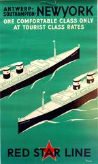 Vintage Original Art Deco Red Star Line Cruise Ship Poster: Antwerp Southampton New York