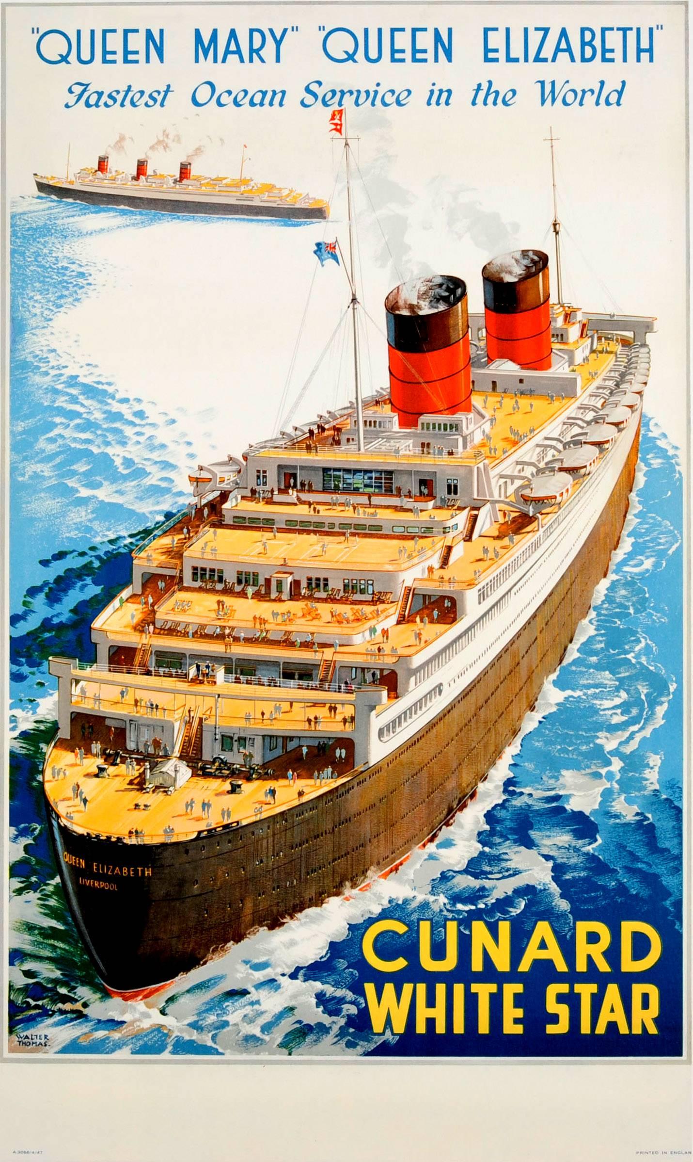Original 1930s Shipping Poster: Cunard Queen Mary & Queen Elizabeth Ocean Liners