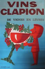 Vintage Large Original 1960s Wine Advertising Poster: Vins Clapion De Vignes En Levres
