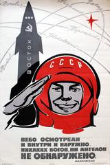 Original Retro Soviet Space Propaganda Poster - Cosmonaut And Vostok Rocket