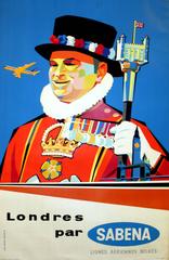 Vintage Original Mid-Century Travel Advertising Poster - To London With Sabena Airlines