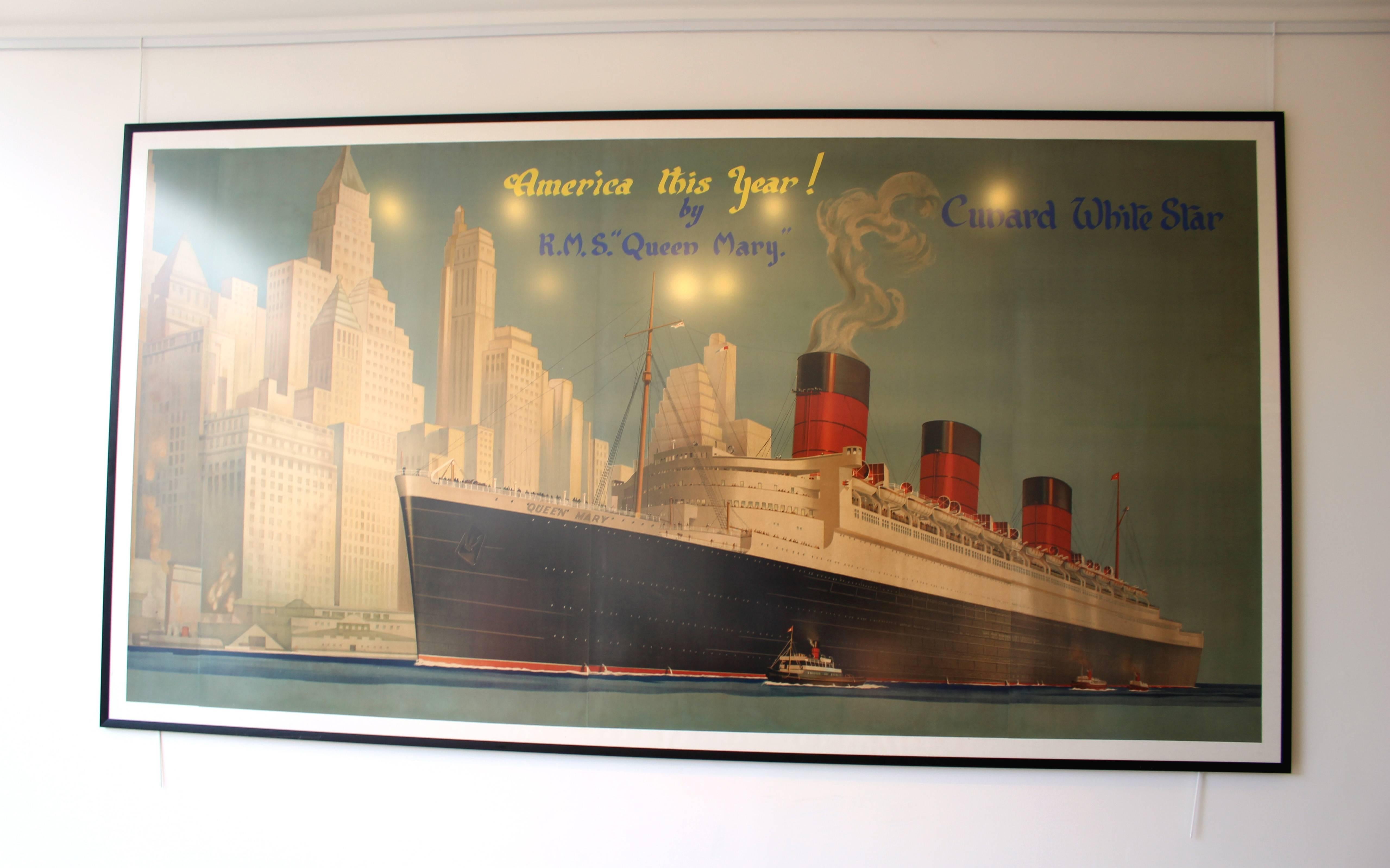 British Very Rare Original 1930s Cunard White Star Queen Mary Poster 