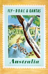 Poster di viaggio originale d'epoca Fly BOAC & Qantas Australia Postage Stamp Design