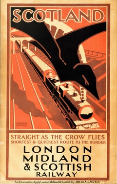 Poster da viaggio vintage originale: Scozia, LMS, "In linea d'aria", stile Art Déco