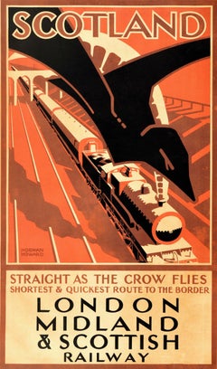 Original Vintage Travel Poster Scotland LMS Straight As The Crow Flies Art Deco