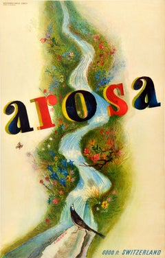 Original-Vintage-Reiseplakat aus der Schweiz: Arosa, Schweiz – „Stream“ von Alois Carigiet