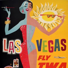 Original Vintage Airline Travel Poster Las Vegas TWA David Klein Midcentury