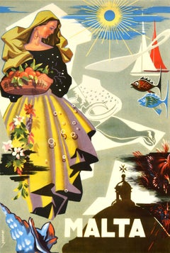 Manifesto di viaggio vintage originale: Malta, Mar Mediterraneo, Emvin Cremona