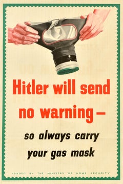 Original Vintage World War Two Home Front Poster Hitler Warning Gas Mask WWII
