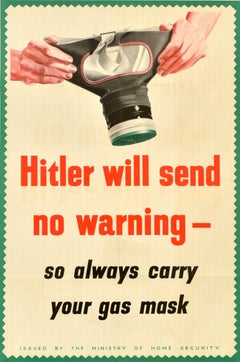 Original Vintage World War Two Home Front Poster Hitler Warning Gas Mask WWII