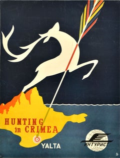 Cartel de viaje soviético vintage original: «De caza en Crimea, Yalta, URSS», Intourist
