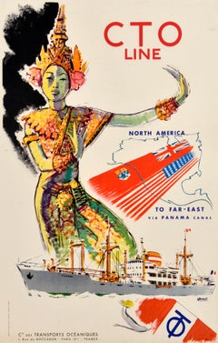 Original-Vintage-Reiseplakat für eine Kreuzfahrt der CTO-Linie von Nordamerika nach Fernost