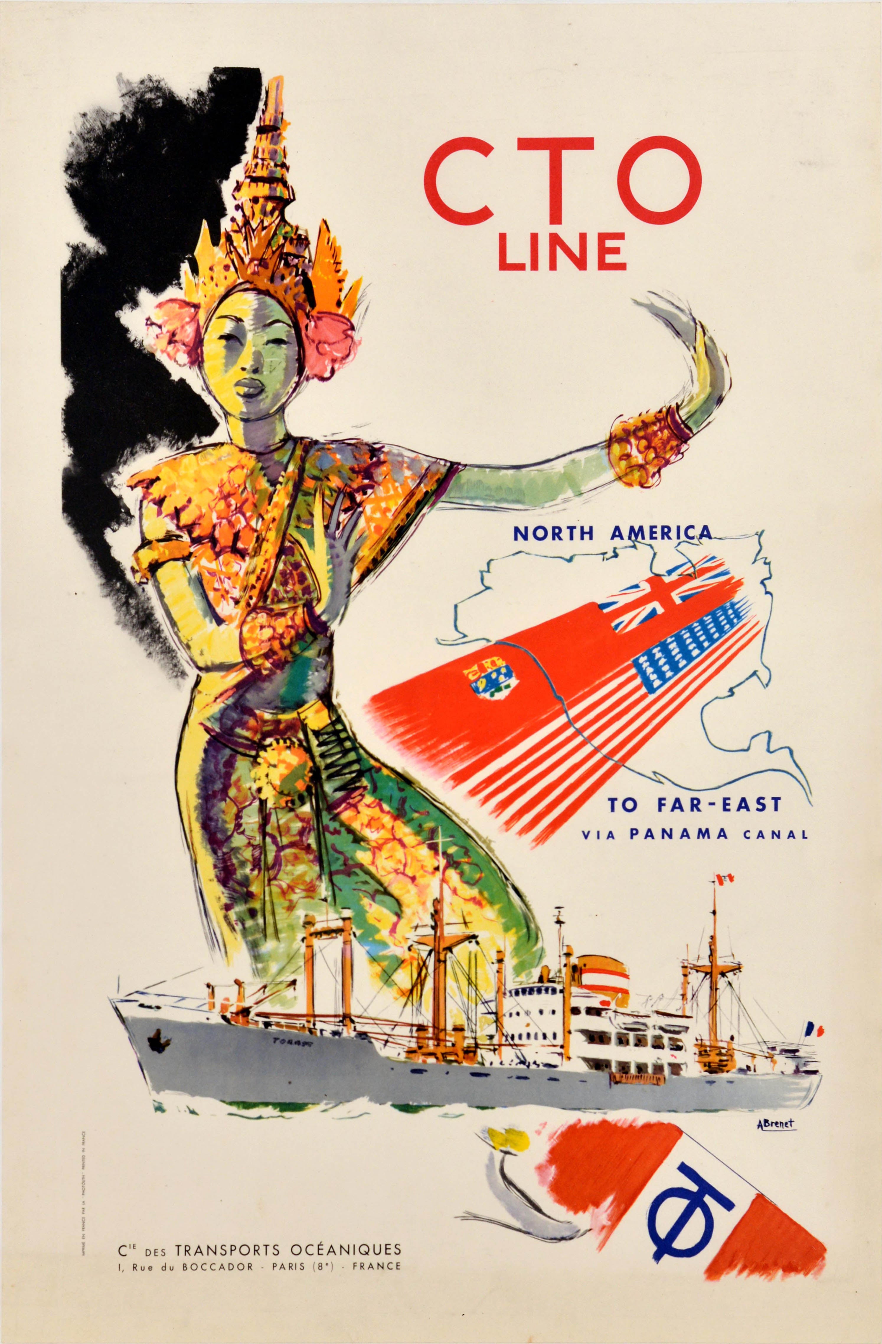 Manifesto di viaggio originale d'epoca della CTO Line: dal Nord America all’Estremo Oriente