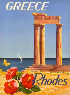 Original Vintage Holiday Travel Poster Rhodes Greece Acropolis Of Lindos Neucia