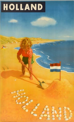 Affiche de voyage vintage originale « Été » : « Holland Beach Sand Castle », Pays-Bas