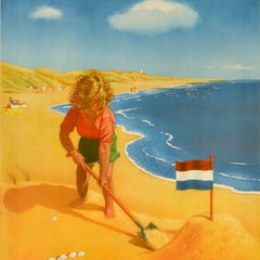 Affiche de voyage vintage originale « Été » : « Holland Beach Sand Castle », Pays-Bas