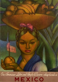 Original-Vintage-Poster aus Südamerika: Mexiko, sich haltende Hände, Früchte, Alfonso X. Peña