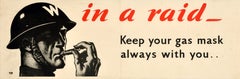 Manifesto vintage originale del fronte interno durante un raid: “Tieni la maschera antigas” – Seconda Guerra Mondiale – Purvis