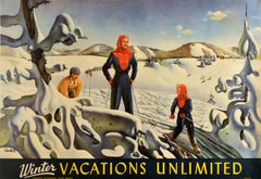 Original Vintage Sports Travel Poster Winter Vacations Unlimited Skiing Canada