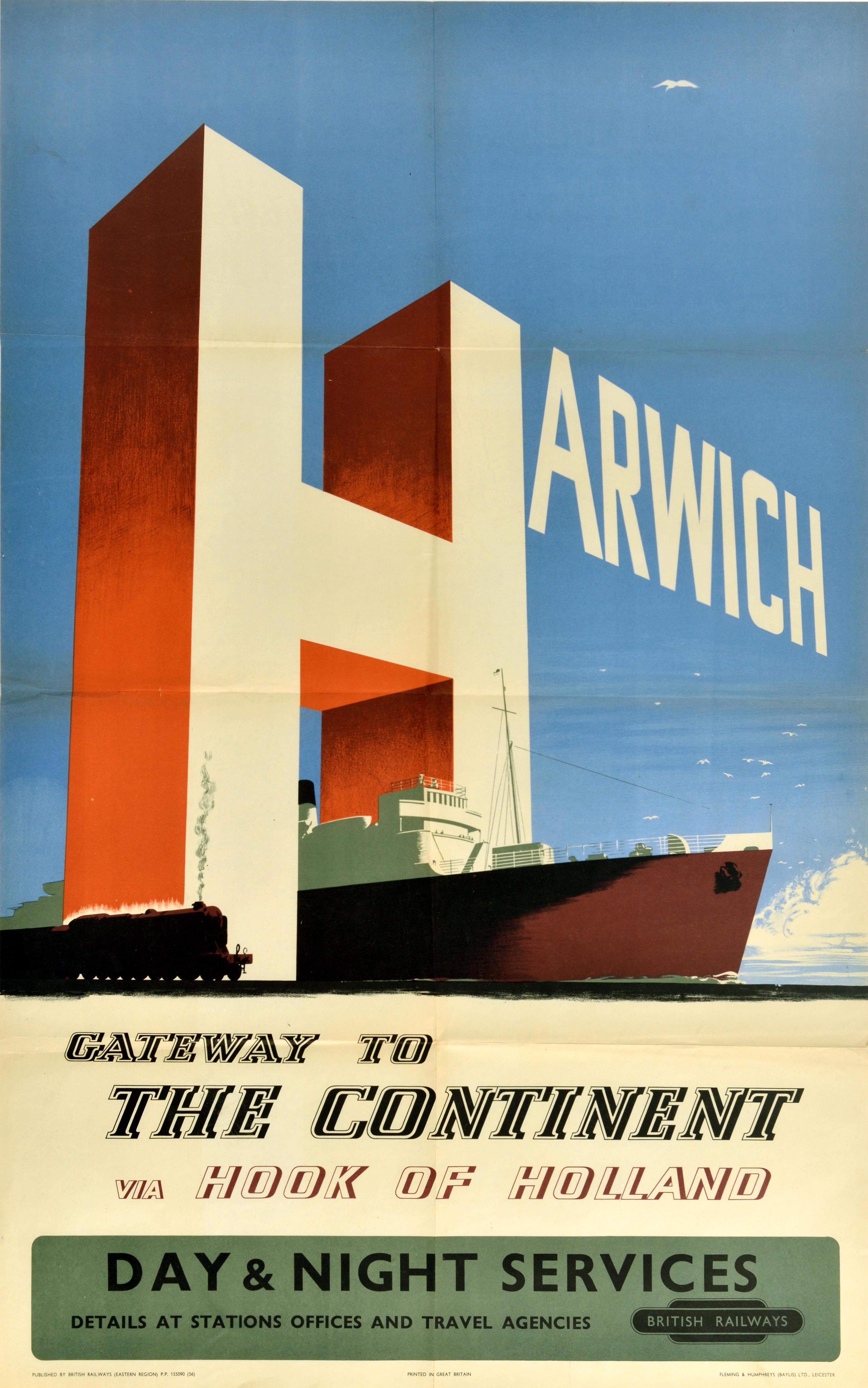 Original Vintage British Railways Travel Poster Harwich Gateway To The Continent For Sale