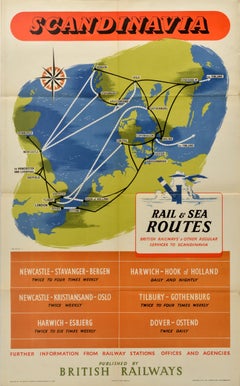 Original Vintage Travel Poster Scandinavia Rail Sea Routes British Railways