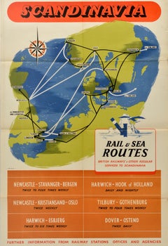 Original Vintage Travel Poster Scandinavia Rail Sea Routes British Railways