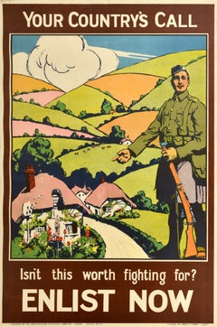 Original Antique War Recruitment Poster Your Country Enlist Now Scotland WWI