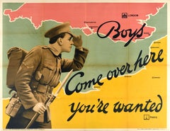 Original Antique World War One Poster Boys Come Over Here WWI Recruitment