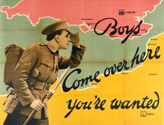 Original Antique World War One Poster Boys Come Over Here WWI Recruitment