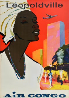 Cartel de viaje vintage original de Leopoldville Air Congo, de Gaston van den Eynde