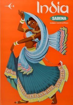 Original Vintage Asia Travel Poster India Sabena Belgian World Airlines